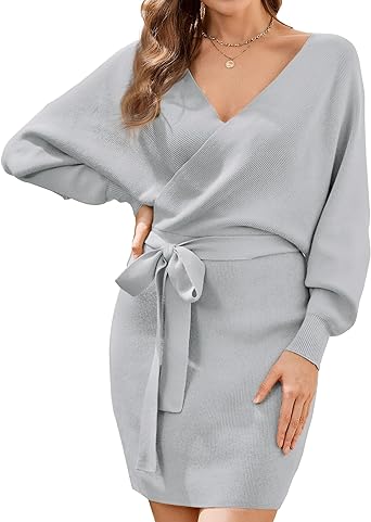 Photo 1 of HRUTANE Womens Sweater Dress V Neck Batwing Long Sleeve Wrap Knitted Backless Sexy Bodycon Pullover Dress Medium GREY