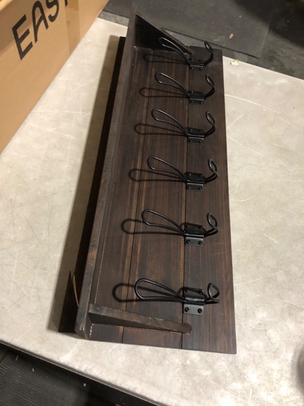 Photo 4 of ***DAMAGED - TOP BROKEN - SEE PICTURES***
HBCY Creations Rustic Brown Solid Wood Wall Mounted Coat Rack with Shelf, 5 Hooks, 24" Long