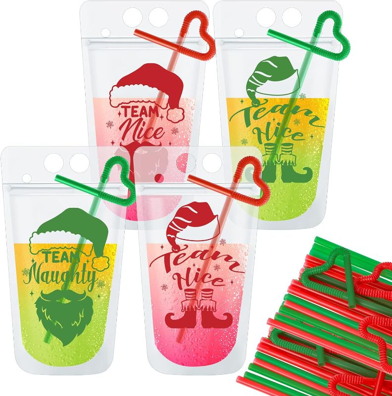 Photo 1 of (2 PACK) Hotop 24 Sets Christmas Drink Pouches with Straws Team Naughty or Nice Smoothie Bags Handheld Clear Plastic Juice Reusable Reclosable for Eve Beverage Party...
