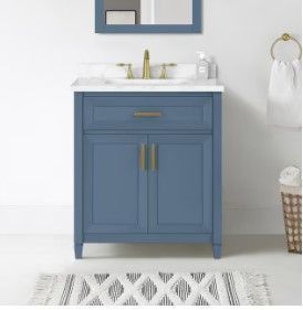 Photo 1 of **TRUCK/SUV NEEDED FOR PICKUP** 
Allen + Roth Lancashire 30-In Chambray Blue Undermount Single Sink Bathroom Vanity With White Engineered Stone Top