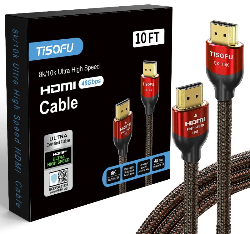 Photo 1 of (2 PACK) TISOFU Ultra Certified 8K 10K HDMI Cable 10FT: HDMI 2.1 Cables 48Gbps High Speed Premium Braided Cord 8K@60Hz 4K@120Hz 4K@144Hz HDCP 2.2&2.3 CL3 ARC eARC for HD/HDR/HDTV 10ft GREY