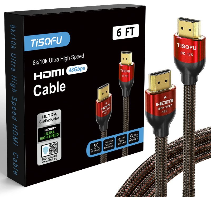 Photo 1 of (2 PACK) TISOFU Ultra Certified 8K 10K HDMI Cable 10FT: HDMI 2.1 Cables 48Gbps High Speed Premium Braided Cord 8K@60Hz 4K@120Hz 4K@144Hz HDCP 2.2&2.3 CL3 ARC eARC for HD/HDR/HDTV 10ft Red