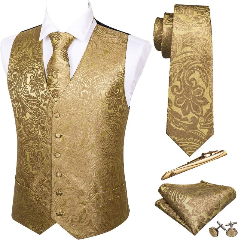 Photo 1 of Barry.Wang Mens V-Neck Suit Waistcoat Paisley Silk Jacquard Vest Ties Clips Set Wedding Party