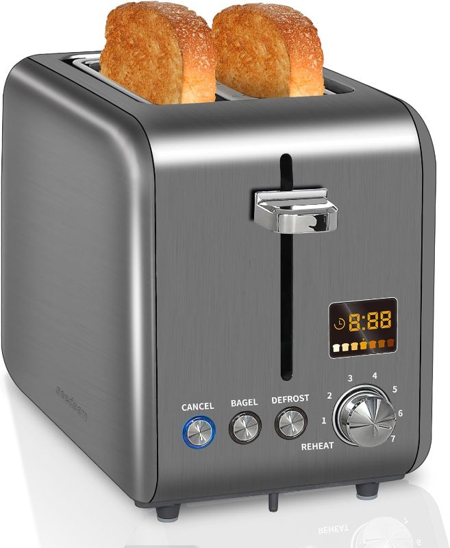 Photo 1 of ***SMALL DENTS*** SEEDEEM Toaster 2 Slice, Stainless Steel Bread Toaster LCD Display, 7 Bread Shade Settings, 1.4'' Wide Slots Toaster Bagel/Defrost/Reheat Functions, Removable Crumb Tray, 900W, Dark Metallic
