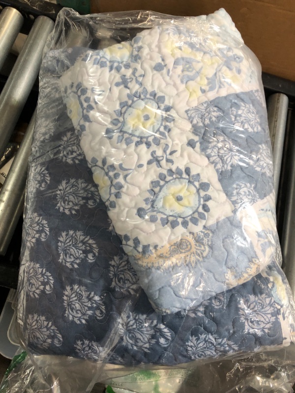 Photo 4 of ***SIMILAR TO SCTOCK PHOTO***PANGUSHAN Quilt Set King Size, 100% Cotton Bedspread Quilt Bedding Set, Patchwork Reversible Floral Quilt for King Bed, Blue/Grey/White Bed Spread, Lightweight Comforter for All Season, 3 Pieces King(98"x106") Blue/Grey/White