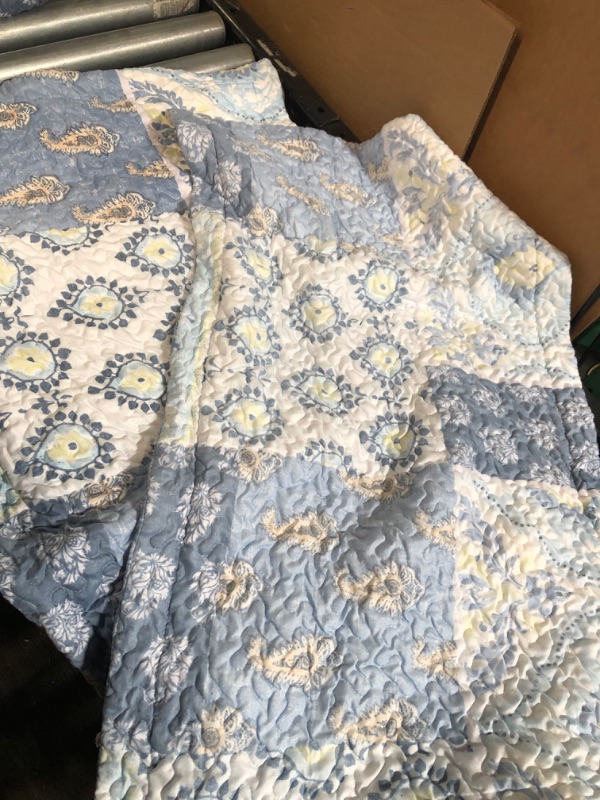 Photo 5 of ***SIMILAR TO SCTOCK PHOTO***PANGUSHAN Quilt Set King Size, 100% Cotton Bedspread Quilt Bedding Set, Patchwork Reversible Floral Quilt for King Bed, Blue/Grey/White Bed Spread, Lightweight Comforter for All Season, 3 Pieces King(98"x106") Blue/Grey/White