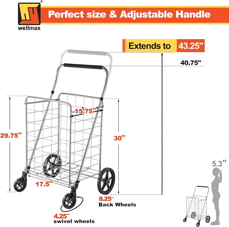 Photo 4 of (READ FULL POST) Wellmax Grocery Shopping Cart with Swivel Wheels, Foldable and Collapsible Utility Cart with Adjustable Height Handle, Heavy Duty Light Weight Trolley XL-Adjustable Handle