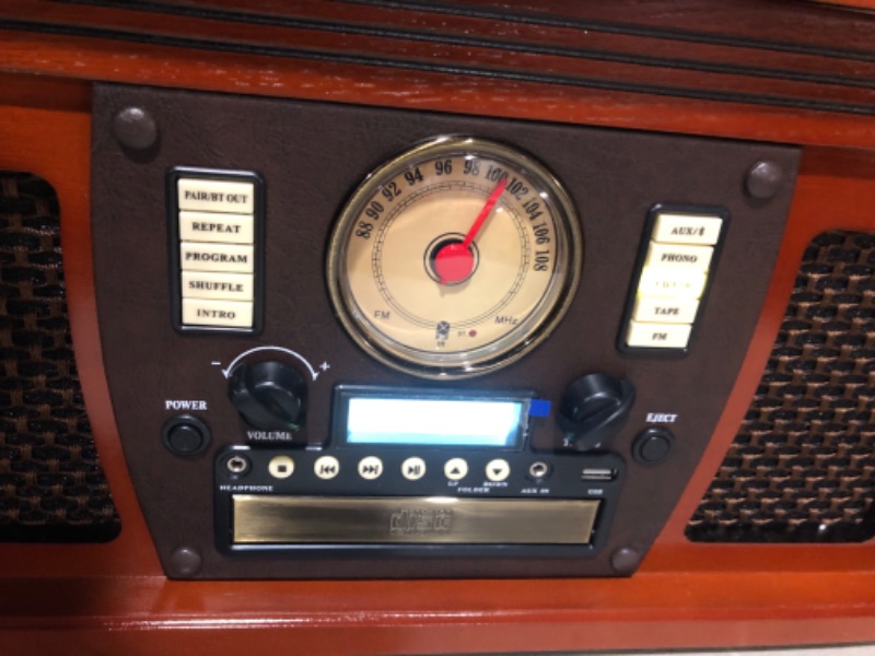 Photo 7 of ***USED - POWERS ON - UNABLE TO TEST FURTHER***
Victrola 8-in-1 Bluetooth Record Player & Multimedia Center, Built-in Stereo Speakers - Turntable, Wireless Music Streaming, Real Wood | Mahogany