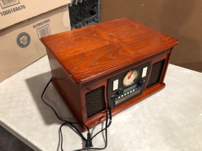 Photo 8 of ***USED - POWERS ON - UNABLE TO TEST FURTHER***
Victrola 8-in-1 Bluetooth Record Player & Multimedia Center, Built-in Stereo Speakers - Turntable, Wireless Music Streaming, Real Wood | Mahogany