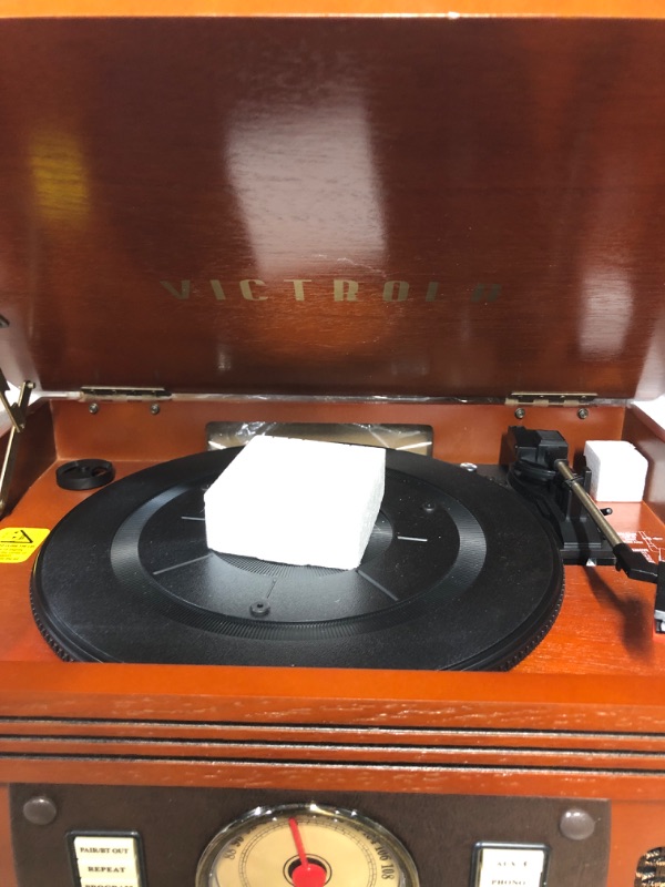 Photo 3 of ***USED - POWERS ON - UNABLE TO TEST FURTHER***
Victrola 8-in-1 Bluetooth Record Player & Multimedia Center, Built-in Stereo Speakers - Turntable, Wireless Music Streaming, Real Wood | Mahogany