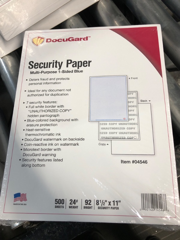 Photo 2 of DocuGard Advanced Blue Multi-Purpose Security Paper, 7 Features, 8.5 x 11 Inches, 24 lb, 500 Sheets (04546) 7 Security Features, 500 Sheets