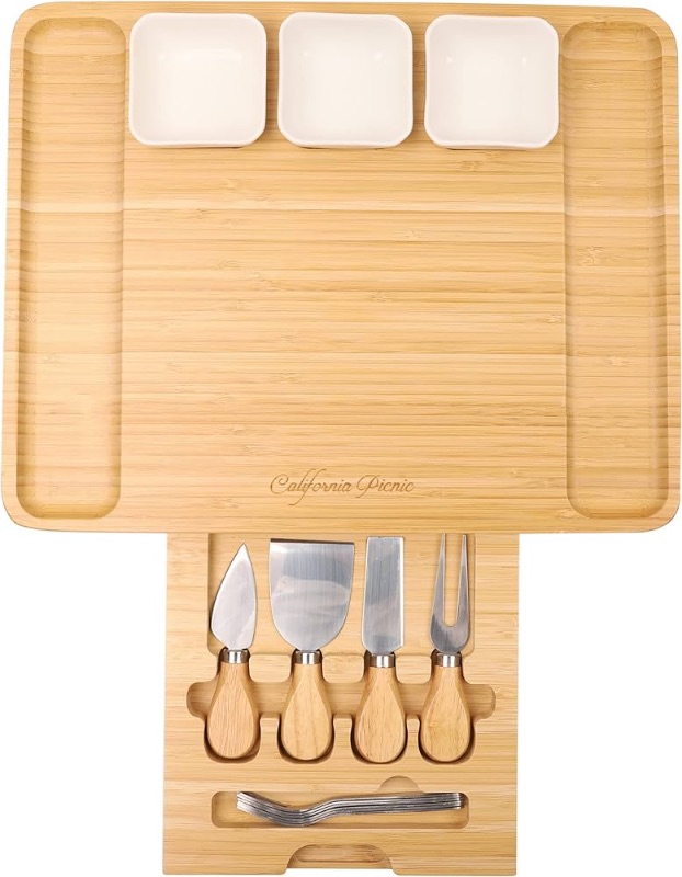 Photo 1 of Cheese Board and Knife Set | Wine Board | Organic Bamboo Wood Charcuterie Platter Serving Board Cheese Tray with Cutlery | Perfect for Birthday, Housewarming & Wedding Gifts