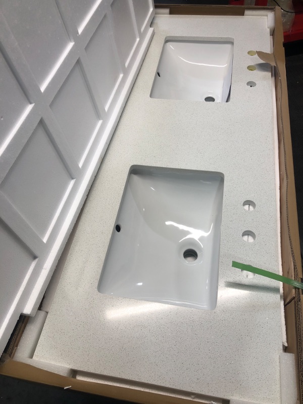 Photo 3 of allen + roth Meridian 61-in White/Polished Engineered Marble Undermount Double Sink 3-Hole Bathroom Vanity Top
