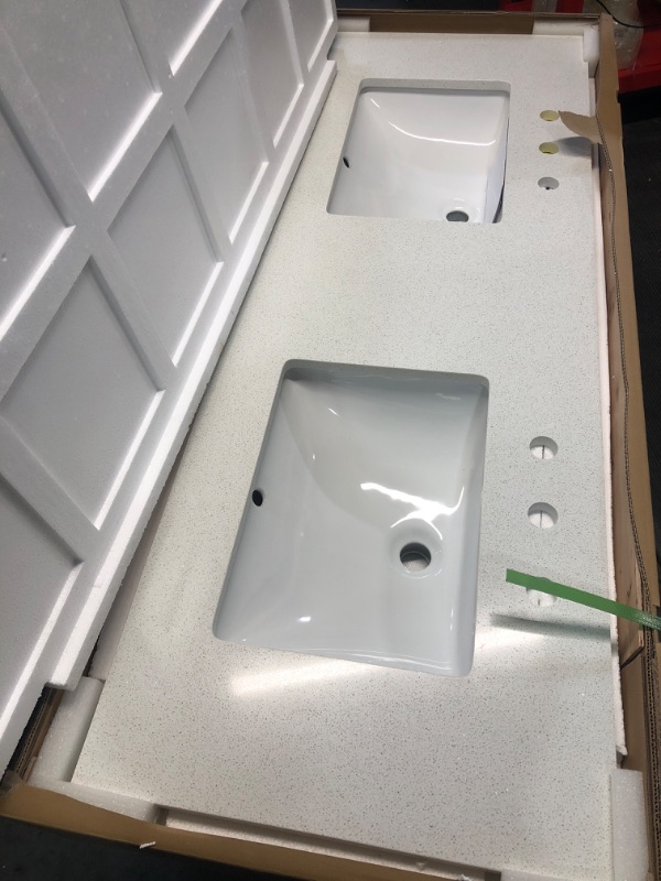 Photo 3 of ***USED - LIKELY MISSING PARTS - UNABLE TO VERIFY FUNCTIONALITY***
allen + roth Meridian 61-in White/Polished Engineered Marble Undermount Double Sink 3-Hole Bathroom Vanity Top
