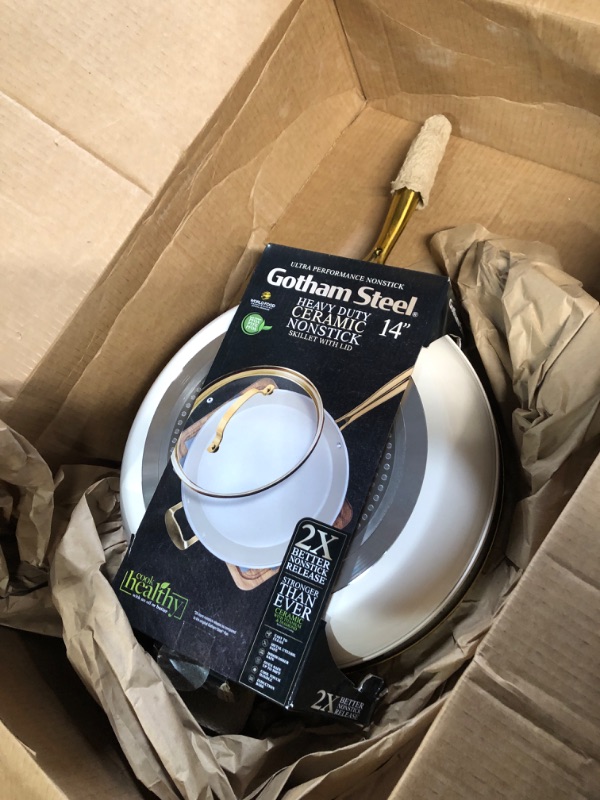 Photo 2 of **READ NOTES**GOTHAM STEEL 14 Inch Non Stick Frying Pans Nonstick Frying Pan, Nonstick Pan with Lid, Cooking Pan, Nonstick Skillet, Non Stick Pan, PFOA Free Ceramic Pan for Cooking, Dishwasher Safe, Cream White 14 Family Pan with Lid