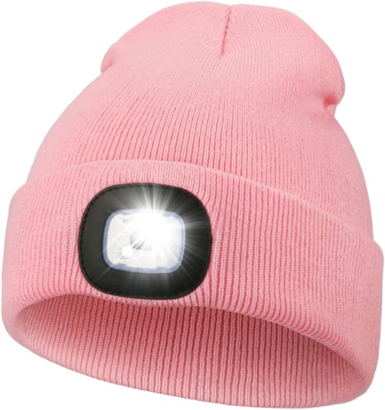 Photo 1 of (2 PACK) Unisex LED Beanie with Light, USB Rechargeable - PINK