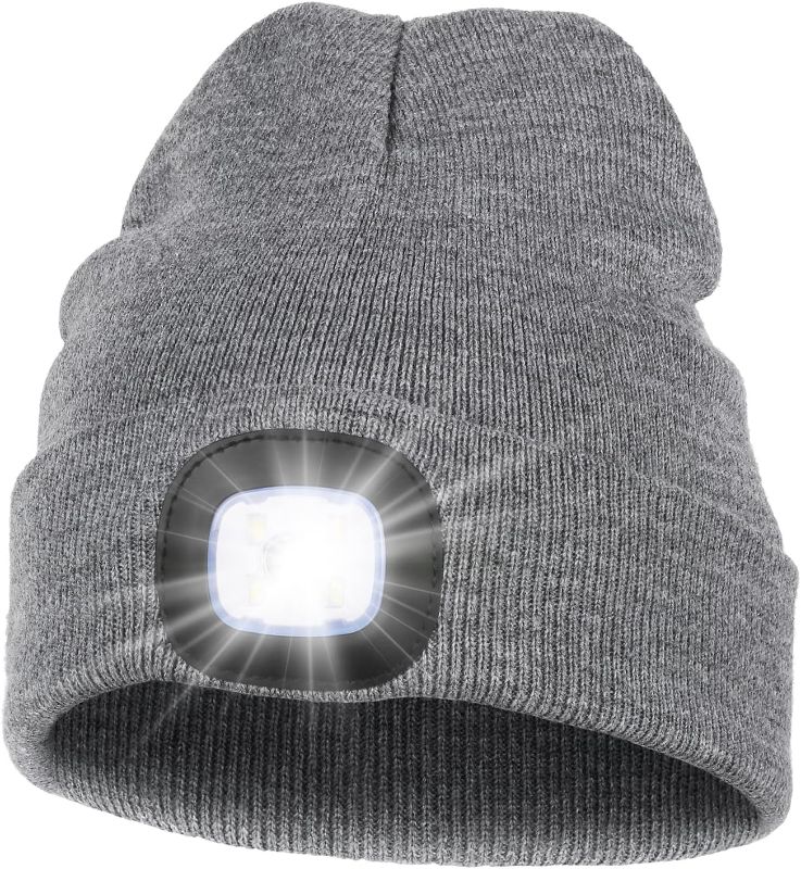 Photo 1 of (2 PACK- LIGHT GRAY) MELASA Unisex LED Beanie with Light, USB Rechargeable