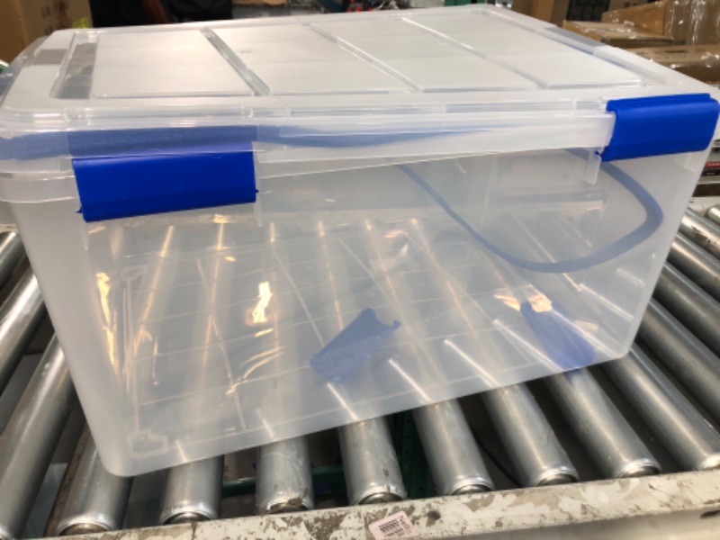 Photo 2 of (NO RETURNS)(ONLY ONE ITEM) IRIS USA 60 Quart WEATHERPRO Plastic Storage Box with Durable Lid and Seal and Secure Latching Buckles, Clear With Blue Buckles