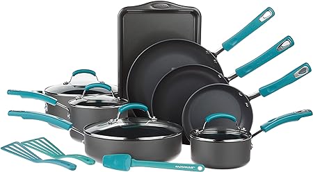 Photo 1 of (SEE PHOTOS, NO RETURNS) Rachael Ray Classic Brights Hard Anodized Nonstick Cookware Pots and Pans Set, 15 Piece - Agave Blue