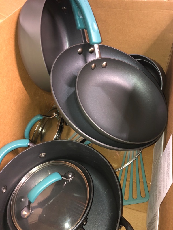 Photo 4 of (SEE PHOTOS, NO RETURNS) Rachael Ray Classic Brights Hard Anodized Nonstick Cookware Pots and Pans Set, 15 Piece - Agave Blue