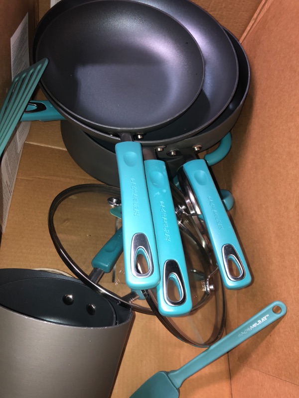 Photo 2 of (SEE PHOTOS, NO RETURNS) Rachael Ray Classic Brights Hard Anodized Nonstick Cookware Pots and Pans Set, 15 Piece - Agave Blue