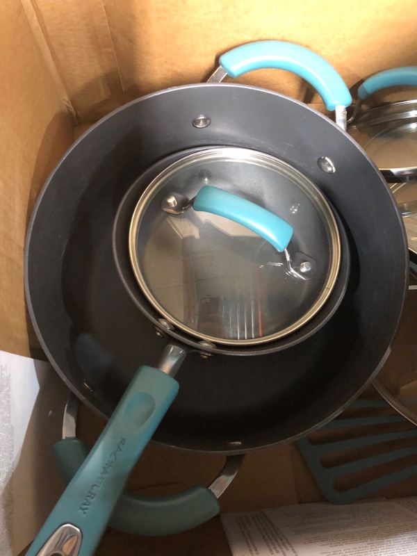Photo 3 of (SEE PHOTOS, NO RETURNS) Rachael Ray Classic Brights Hard Anodized Nonstick Cookware Pots and Pans Set, 15 Piece - Agave Blue