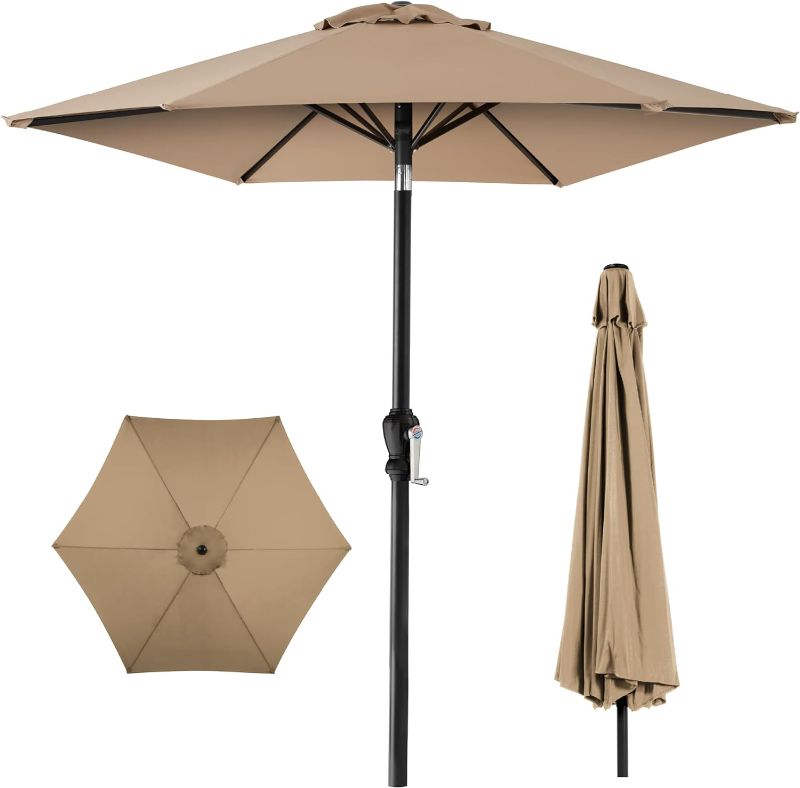 Photo 1 of (NO REFUNDS) 10ft Outdoor Steel Polyester Market Patio Umbrella w/Crank, Easy Push Button, Tilt, Table Compatible-TAN