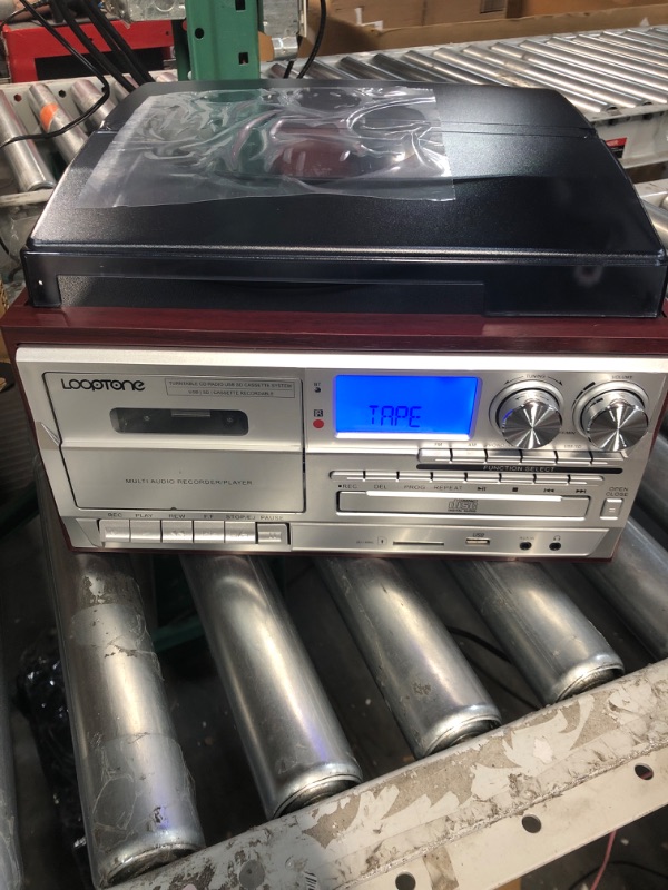 Photo 2 of (SIMILAR TO STOCK PHOTO) LoopTone Vinyl Record Player 10 in 1 3 Speed Bluetooth Vintage Turntable CD Cassette Player AM/FM Radio USB Recorder Aux-in RCA Line-Outt (CHERRY- SILVER)