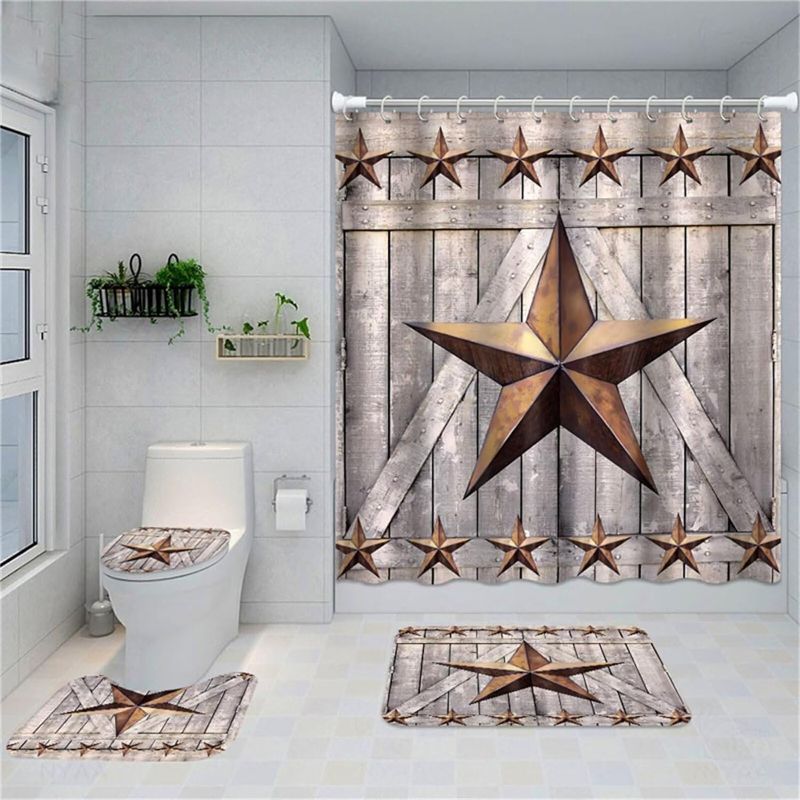 Photo 1 of ***read clerk comments
Five-Pointed Star Shower Curtain Set Vintage Brown Plank Wall Wooden Barn Door Pattern Waterproof Bath Curtain Sets with Rugs