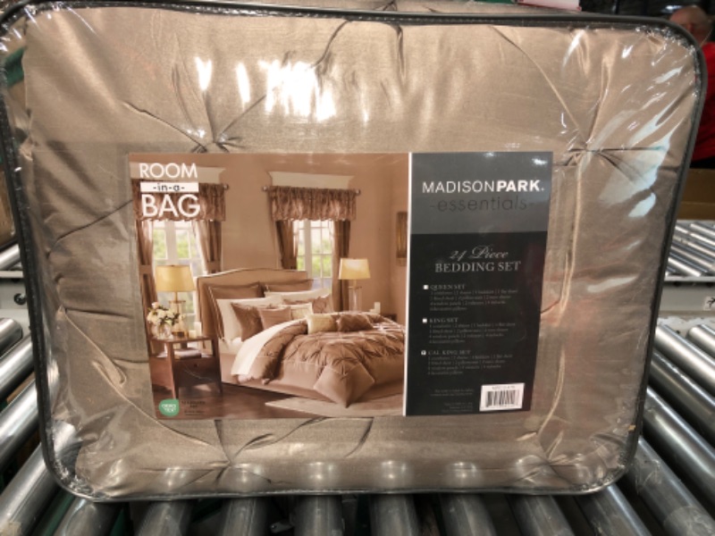 Photo 2 of ( no returns) Madison Park Essentials Room in a Bag Faux Silk Comforter Set - Luxe Diamond Tufting All Season Bedding, Matching Curtains, Decorative Pillows, Taupe Cal King(104"x92") 24 Piece California King (104 in x 92 in) Taupe