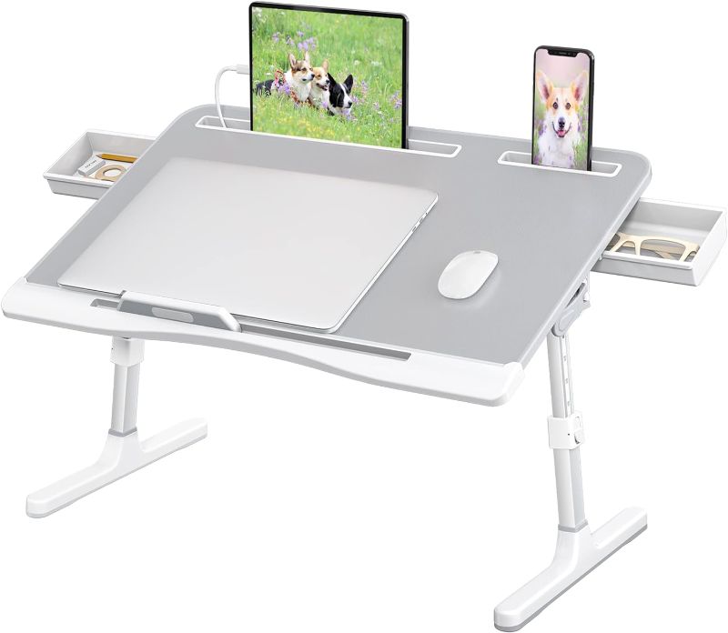 Photo 1 of (SIMILAR TO STOCK PHOTO) 
Foldable Laptop Bed Tray Table PVC Leather,Adjustable Laptop Desk for Bed with Height and Angle,Portable Lap Desk for Laptop and Writing with Double Storage Drawers Gray 23.6*15.7 inch