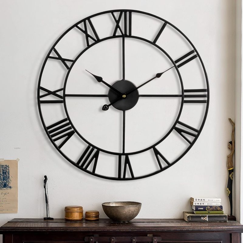 Photo 1 of (READ FULL POST) 1st owned Large Wall Clock Metal Retro Roman Numeral Clock- Black 24 Inch