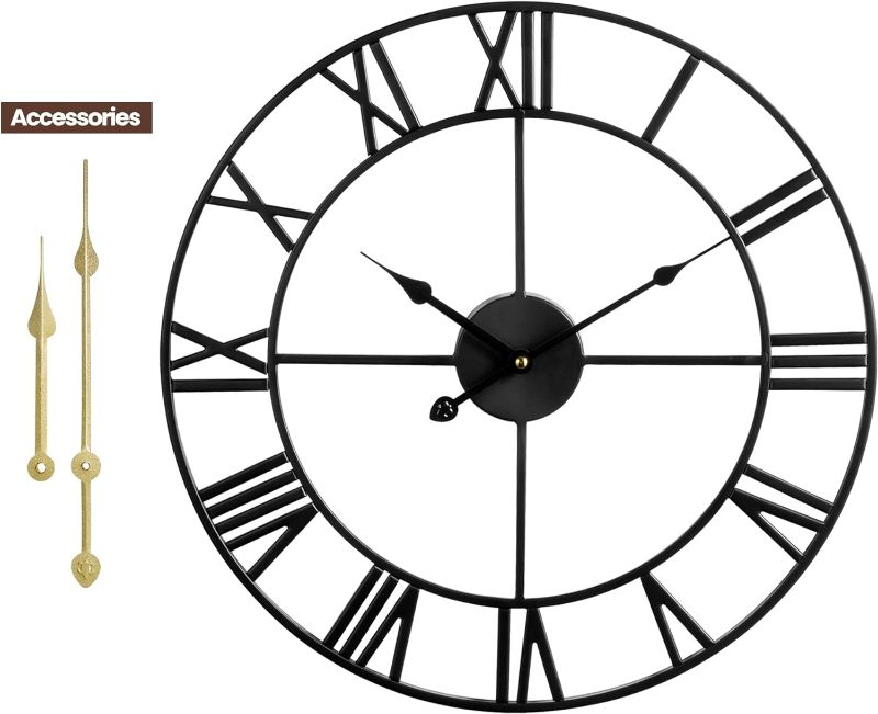 Photo 4 of (READ FULL POST) 1st owned Large Wall Clock Metal Retro Roman Numeral Clock- Black 24 Inch