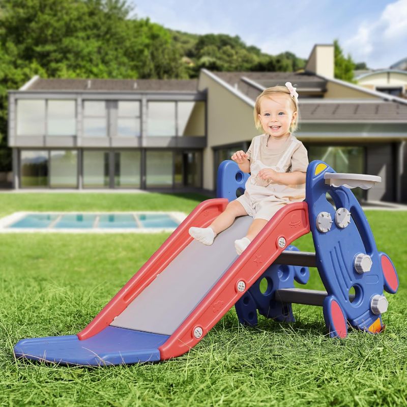 Photo 1 of (READ FULL POST) Yellow SYPEVIN Toddler Slide, Indoor Slide for Toddlers Age 1-3, Freestanding Kids Slide Climber Playset Toys with Basketball Hoop, Ideal Gift for Boys and Girls, Blue-Gray Seahorse Blue & Gray 51x16x27 inches