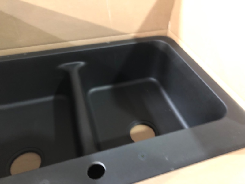 Photo 3 of allen + roth Kenji Dual-mount 33-in x 22-in Nero Granite Double Equal Bowl 3-Hole Kitchen Sink
