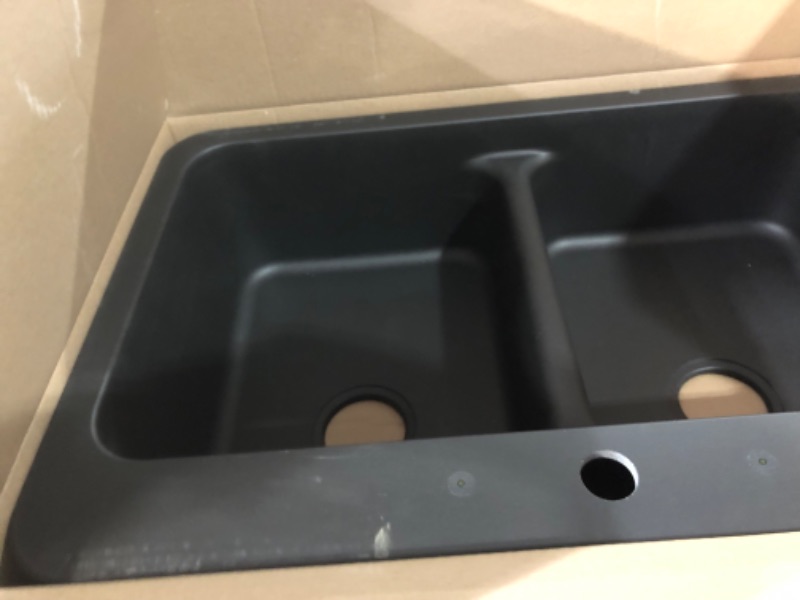 Photo 2 of allen + roth Kenji Dual-mount 33-in x 22-in Nero Granite Double Equal Bowl 3-Hole Kitchen Sink
