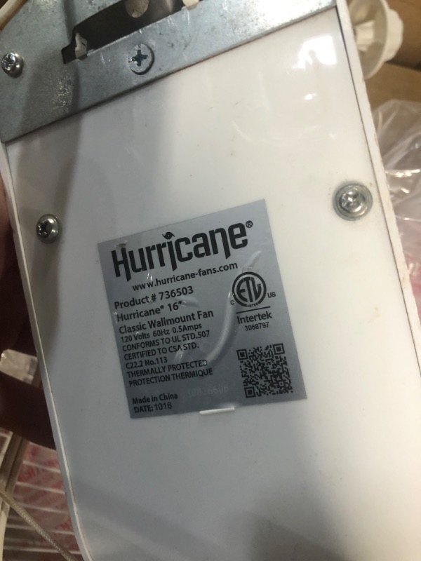 Photo 2 of ***HEAVILY USED AND DIRTY - UNABLE TO TEST - LIKELY MISSING PARTS***
Hurricane Classic 16 Inch Oscillating Wall Mount Fan with 3 Speed Settings