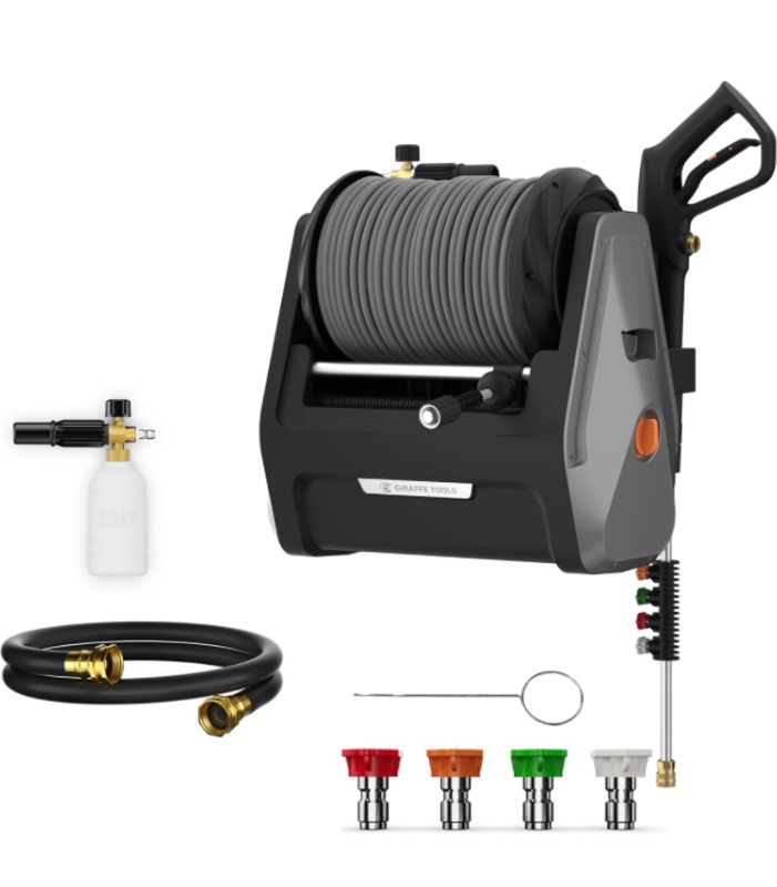 Photo 1 of (READ FULL POST) Giraffe Tools Grandfalls Pressure Washer Plus+, Electric Wall Mounted Power Washer with 100FT Replaceable Pressure Hose, for Resident Cleaning, Dark Silver
