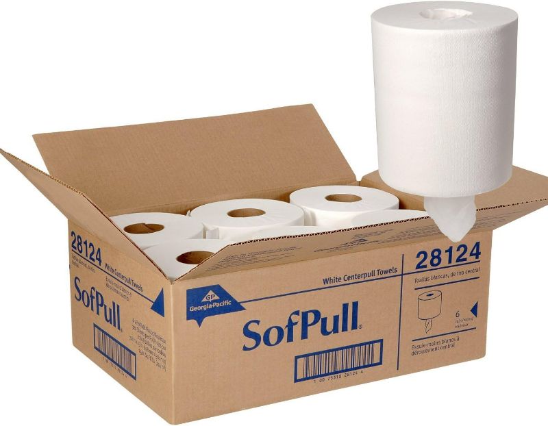 Photo 1 of ***USED - SEE PICTURES***
Georgia-Pacific GP-28124 SofPull Centerpull Regular Capacity Paper Towel, 6 Rolls