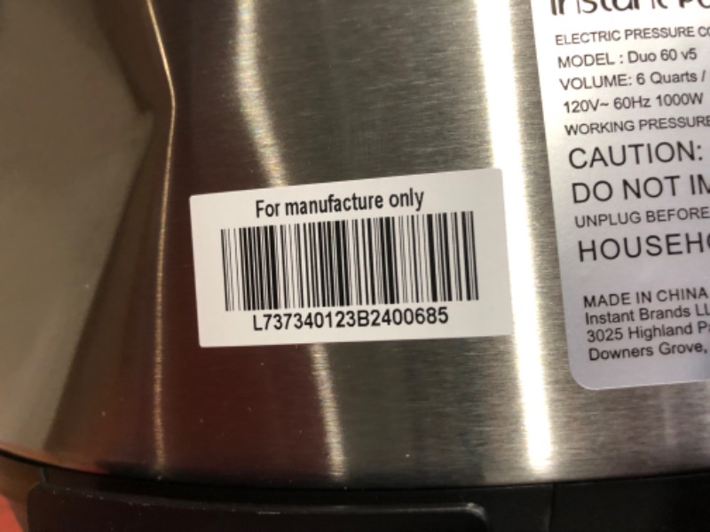 Photo 2 of ***USED - DAMAGED - UNTESTED - SEE COMMENTS***
Instant Pot Duo 7-in-1 Electric Pressure Cooker, Slow Cooker, Rice Cooker, Steamer