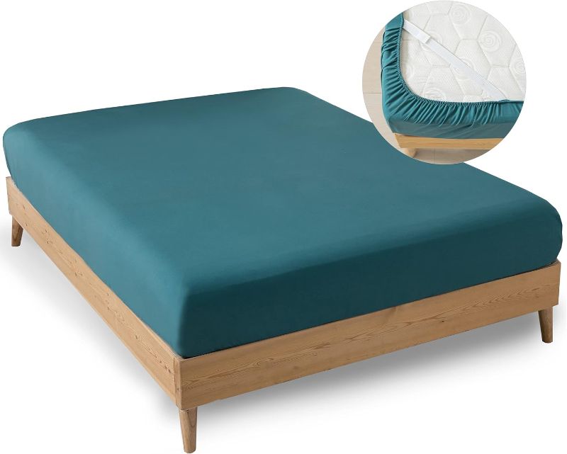 Photo 1 of  Full Size Fitted Sheet Only with Bed Sheets Holder Straps for Corners,  (Blue-Green)