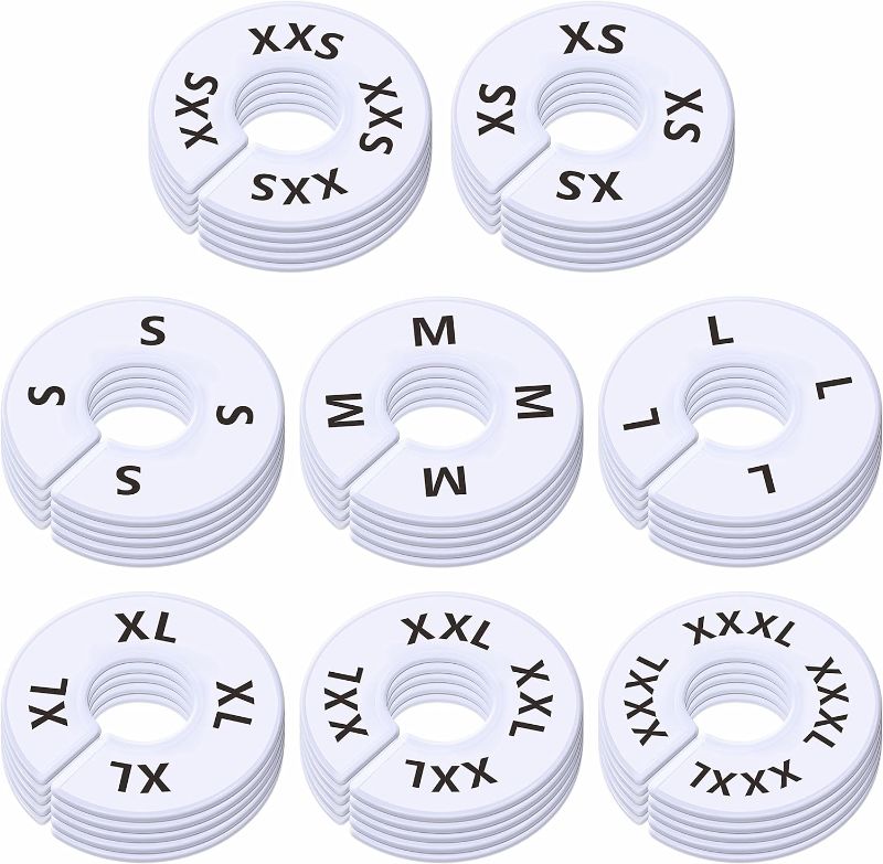 Photo 1 of 40 Pack Round White Plastic Clothing Size Closet Rack Dividers Hangers, Preprinted in 8 Sizes XXS, XS, S, M, L, XL, XXL, XXXL (Outer 3.5”, Inner Diameter 1.38”)