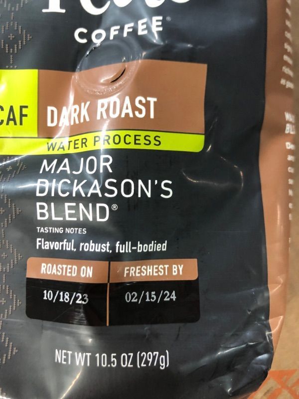 Photo 3 of * FRESHEST BY 2/15/24 * Peet's Coffee, Dark Roast Decaffeinated Ground Coffee - Decaf Major Dickason's Blend 10.5 Ounce Bag Decaf Major Dickason's 10.5 Ounce (Pack of 1)