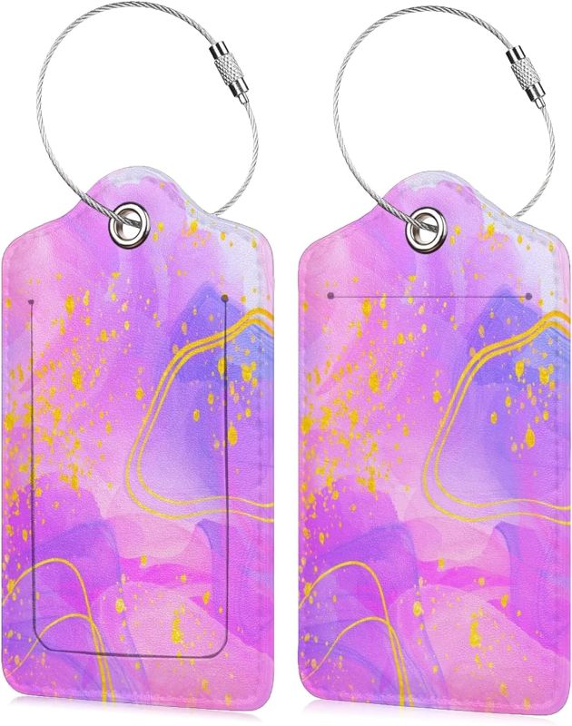 Photo 1 of * 3 PACK * 2 Pack Luggage Tags for Suitcases Leather Pink Marbling Baggage Suitcases Tag with Stainless Steel Loop Name ID Label Privacy Cover Colorful Travel Bag Tags for Women Men Boys Girls