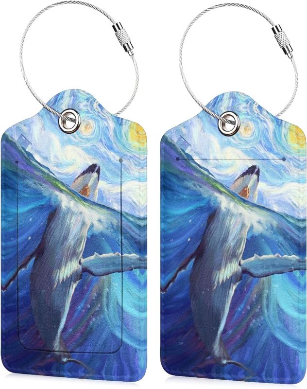 Photo 1 of * 3 PACK * 2 Pack Luggage Tags for Suitcases Leather Blue Whale Baggage Suitcases Tag with Stainless Steel Loop Name ID Label Privacy Cover Painting Travel Bag Tags for Women Men Boys Girls