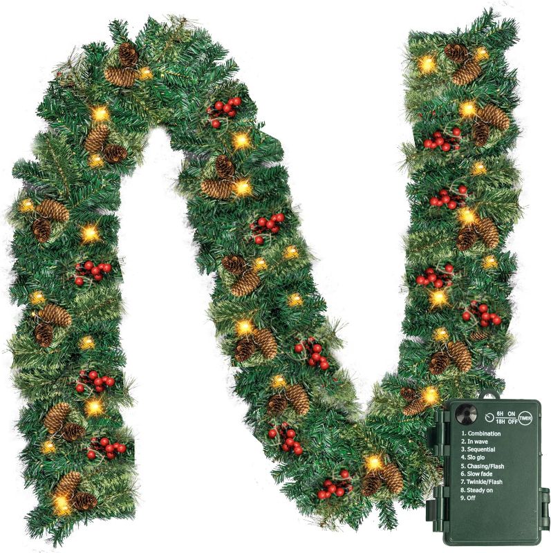 Photo 1 of * SEE NOTES * 9 FT Christmas Garland with Lights, Battery Operated Garland with 50 LED Lights, Christmas Decoration for Home Stairs Fireplace Front Porch Door Display Indoor Outdoor