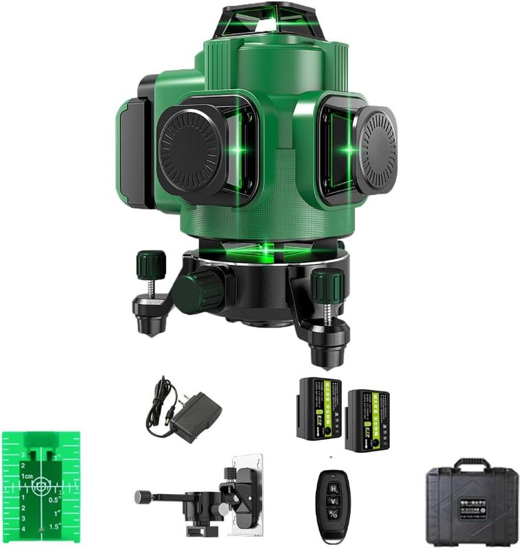 Photo 1 of Laser Level 3x360° Self Leveling 12Lines Green Beam 3D Cross Professional Line Laser Tool Pulse Mode for Construction Tiling Picture Hanging with 2 Batteries, Remote Controller(Green)