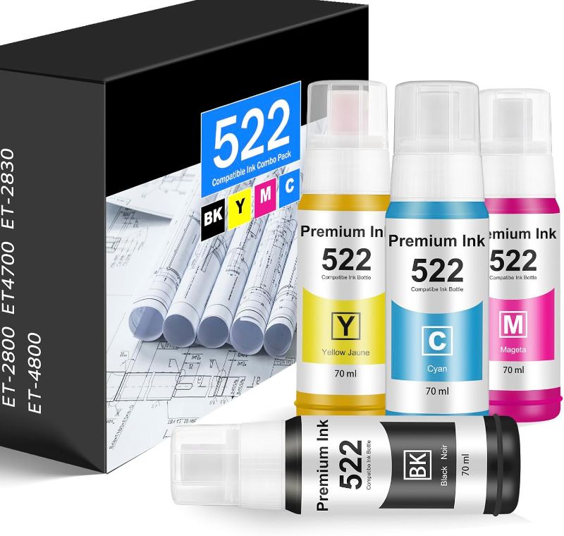 Photo 1 of 522 Ink Refill Bottle - Replacement for Epson 522 Ink Refill Bottles Compatible for EcoTank ET-2720, ET-2800, ET-2803, ET-2710, ET-4700 ET-4800 Printer (Not Sublimation Ink)