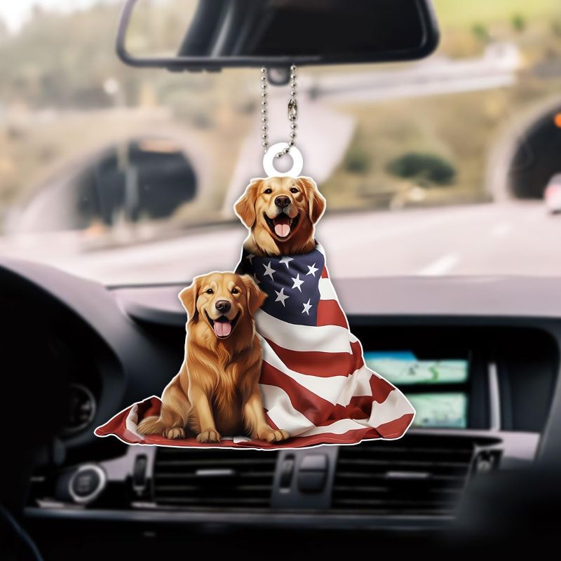 Photo 1 of * 2 PACK * Cute 2-Sided Printed German Shepherd Dog with American Flag Car Hanging Ornament (3.5x3.5 inches), 