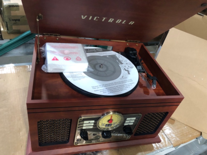 Photo 2 of Victrola Nostalgic 6-in-1 Bluetooth Record Player & Multimedia Center with Built-in Speakers - 3-Speed Turntable, CD & Cassette Player, FM Radio | Wireless Music Streaming | Mahogany Mahogany Entertainment Center